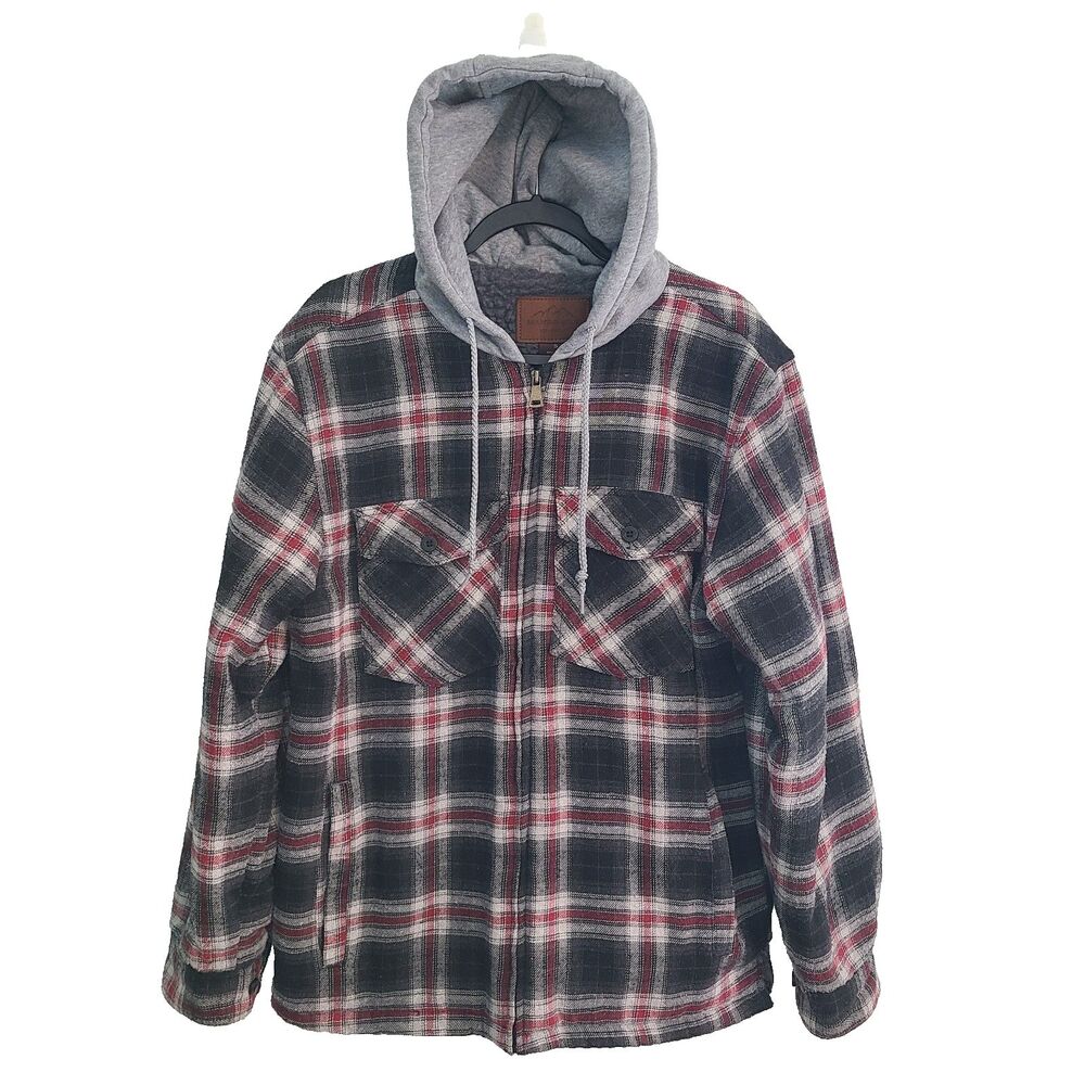Mountain Ridge Mens S Plaid Hood Flannel Jacket Sherpa Zip Up Workwear Gorpcore